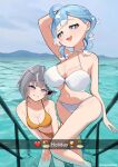  2girls absurdres bikini blue_eyes blue_hair blush breasts grey_hair highres hololive hololive_indonesia kobo_kanaeru long_hair looking_at_viewer multicolored_hair multiple_girls nanndayoo open_mouth smile swimsuit two-tone_hair vestia_zeta virtual_youtuber white_hair 