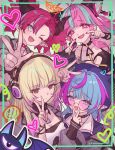  4girls absurdres adahime_(shadowverse:_worlds_beyond) ahoge bare_shoulders beret black_eyes blonde_hair blue_eyes blue_hair breasts choker cleavage cleavage_cutout closed_mouth clothing_cutout collarbone commentary_request crop_top detached_sleeves dot_mouth ear_piercing earrings fang grey_jacket hat headphones heart heart_cutout heart_earrings highres jacket jewelry lee_hyeseung lilanthim_(shadowverse) long_hair looking_at_viewer lulumi_(shadowverse:_worlds_beyond) multicolored_hair multiple_girls nail_polish one_eye_closed open_clothes open_jacket open_mouth piercing pink_eyes pink_hair pink_nails pointy_ears purple_eyes raz_(shadowverse:_worlds_beyond) red_hair red_pupils shadowverse shadowverse:_worlds_beyond single_detached_sleeve smile spiked_choker spikes star-shaped_pupils star_(symbol) swept_bangs symbol-shaped_pupils two-tone_hair v 
