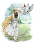  1girl bag black_shirt blonde_hair breasts budew closed_mouth combee commentary_request cynthia_(pokemon) grey_eyes hair_ornament hair_over_one_eye high_heels holding holding_unworn_clothes holding_unworn_jacket jacket jewelry long_hair medium_breasts necklace open_mouth outdoors pokemon pokemon_(creature) pokemon_diamond/pearl/platinum sakaralalala shirt shoulder_bag skirt sleeveless sleeveless_shirt smile togekiss tree unworn_jacket very_long_hair white_jacket white_skirt 