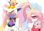  1boy 1girl bare_shoulders black_bow black_bowtie blonde_hair body_freckles bow bowtie breasts cherri_bomb cleavage collarbone colored_sclera colored_skin commentary_request cyclops fangs fewer_digits fingerless_gloves freckles gloves goggles goggles_on_head hair_tie hand_on_own_chest hat hazbin_hotel hellaverse high_ponytail highres jacket long_hair multicolored_hair multicolored_jacket off_shoulder one-eyed pink_hair ponytail red_gloves red_sclera red_shirt seimari1023 shirt shoulder_freckles sir_pentious sir_pentious_(angel) striped_clothes striped_jacket swept_bangs teeth top_hat traditional_bowtie two-tone_hair two-tone_jacket upper_body vertical-striped_clothes vertical-striped_jacket white_hair white_hat white_jacket yellow_jacket yellow_sclera 