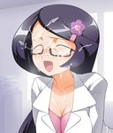  :d blush book breasts breath cleavage closed_eyes cum cum_on_body cum_on_glasses cum_on_hair cum_on_upper_body facial flower glasses hair_ornament hairclip happy_facial jouwan labcoat long_hair makomo_(pokemon) medium_breasts open_mouth pokemon pokemon_(game) pokemon_bw purple_hair semi-rimless_eyewear smile solo under-rim_eyewear upper_body 