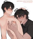  2boys belt_collar black_hair black_shirt clothed_male_nude_male collar flustered hand_on_another's_back hand_on_another's_head kim_dokja male_focus multiple_boys nipple_stimulation nipple_tweak nipples nude omniscient_reader's_viewpoint shirt short_hair smile taotaille yaoi yoo_joonghyuk 
