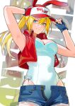  1girl armpits baseball_cap bechu blonde_hair blue_eyes blue_gloves breasts character_name commentary_request cropped_jacket cutoffs fatal_fury fatal_fury_cap fingerless_gloves genderswap genderswap_(mtf) gloves hat highres jacket leotard medium_breasts nontraditional_playboy_bunny open_fly ponytail red_jacket smile snk_heroines:_tag_team_frenzy solo terry_bogard white_leotard 