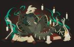 4_toes anus bone bone_mask book breasts dide6an digitigrade feet genitals green_body green_eyes green_scales hi_res lying magic mask mostly_nude navel non-mammal_breasts on_back scales scalie simple_background skull skull_head skull_mask soles spread_legs spreading toes vulva