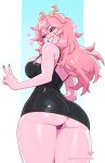  1girl aged_up animal_print aqua_nails ashido_mina ass black_dress black_sclera boku_no_hero_academia breasts colored_sclera colored_skin commentary cowboy_shot dress fingernails from_below from_side grin highres horns kajin_(kajinman) large_breasts leopard_print leopard_print_panties light_blush long_fingernails long_hair looking_at_viewer microdress mole mole_on_ass nail_polish panties pantyshot patreon_username pencil_dress pink_hair pink_skin print_panties purple_panties sleeveless sleeveless_dress smile solo sparkle standing thighs_together turning_head underwear v web_address yellow_eyes yellow_horns 