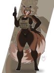 2026 absurd_res ailurid anthro areola artist_logo belt big_breasts black_areola black_clothing black_lips black_nose black_panties black_pawpads black_underwear blue_eyes boots breasts brown_body bulletproof_vest claws clothed clothed_female clothing colored combat_boots dated digital_drawing_(artwork) digital_media_(artwork) elbow_pads electronics english_text eyepiece eyewear female fluffy fluffy_tail footwear glasses gloves gun hand_on_hip handgun handwear hat headgear headphones headset headwear hi_res holding_gun holding_handgun holding_object holding_pistol holding_ranged_weapon holding_weapon huge_breasts inner_ear_fluff knee_pads lips logo looking_at_viewer mammal markings microphone military military_cap military_uniform multicolored_body navel neck_tuft panties pawpads paws pistol pouch_(clothing) pouches procyonid pubes ranged_weapon red_panda scouter shoes sleeveless_shirt solo standing striped_markings striped_tail stripes sweater tactical_gear tail tail_markings tan_clothing text thick_thighs thigh_pouch topwear tuft turtleneck underwear uniform vest weapon white_sclera wolfarion