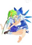  2girls :d absurdres ascot barefoot black_shoes blue_bow blue_dress blue_hair blush bow cirno closed_mouth daiyousei dated dress english_commentary english_text fairy fairy_wings full_body green_eyes green_hair hands_on_another's_arm highres hug ice ice_wings loose_socks lower_teeth_only medium_hair multiple_girls open_mouth ribbon shirt shoes short_sleeves side_ponytail sitting smile socks tearing_up teeth touhou wariza white_background white_shirt white_socks wings wu_yue_(vuples) yellow_ascot yellow_ribbon 
