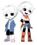  21336 2girls black_sclera black_shorts blue_hoodie blue_shorts blush boots chibi chibi_only colored_sclera commentary full_body hair_between_eyes hand_on_own_hip hands_in_pockets hood hood_down hoodie knee_boots long_sleeves male_focus multiple_girls open_clothes open_hoodie open_mouth papyrus_(undertale) personification pink_slippers puffy_short_sleeves puffy_sleeves red_boots red_scarf sans_(undertale) scarf short_hair short_sleeves shorts simple_background skirt slippers smile teeth torn_clothes torn_scarf undertale upper_teeth_only utdr_(toby_fox) white_background white_hair white_skirt 