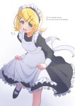  1girl aiu_eika apron back_bow blonde_hair blue_eyes bow commentary_request dress english_text enmaided frilled_dress frills hair_ornament hairclip highres juliet_sleeves kagamine_rin long_sleeves looking_at_viewer maid maid_headdress mary_janes open_mouth parallel_hairclips puffy_sleeves shirt_hold shoes short_hair sleeve_cuffs smile socks solo standing standing_on_one_leg translation_request vocaloid 