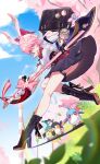  1girl absurdres ass asymmetrical_gloves bag black_gloves blue_skirt blue_sky boots bread bread_slice breasts commentary_request evanescia_(honkai:_star_rail) food food_in_mouth gloves gokusaishiki_(1376145360) high_heel_boots high_heels highres holding holding_stick honkai:_star_rail honkai_(series) measuring_stick medium_breasts mismatched_gloves mouth_hold origami_bird_(honkai:_star_rail) school_bag shirt skirt sky stick toast toast_in_mouth variant_set white_gloves white_shirt 