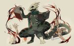 anthro anus bone bone_mask book breasts crouching dide6an female genitals green_body green_scales hi_res magic mask mostly_nude navel non-mammal_breasts scales scalie simple_background skull skull_head skull_mask solo vulva