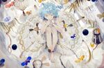  1girl bangle blue_butterfly blue_hair blue_lips blue_nails bracelet bug butterfly dress full_body jewelry knees_up looking_at_viewer muyihui original own_hands_together red_butterfly shoes short_hair solo toenails unworn_shoes white_dress yellow_eyes 