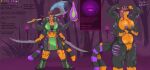 2_tails 4_arms axe clothed clothing deity felid female hi_res hybrid magic mammal markings melee_weapon model_sheet multi_arm multi_limb multi_tail muscular muscular_female naturalwolf nipples pantherine plant purple_nipples purple_theme solo sword tail tiger tree weapon