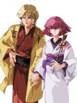  1boy 1girl alternate_costume arrow_(projectile) black_sash blonde_hair blue_eyes char_aznable coat couple full_body gundam haman_karn hamaya haori highres holding holding_arrow holding_hands japanese_clothes kawatooo kimono light_frown light_smile looking_at_viewer obi pink_hair purple_eyes purple_sash red_kimono sash scar scar_on_face scar_on_forehead short_hair v-shaped_eyebrows white_kimono yellow_coat yellow_haori yukata zeta_gundam 