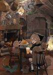  1girl 6+others absurdres alcohol animal animal_nose basket beer beer_mug black_hat black_scarf black_shoes blonde_hair brown_fur brown_sweater chair chicken_(food) closed_eyes commentary creature cup dinner double-parted_bangs dragon drink english_commentary fantasy fireplace food full_body green_eyes hair_between_eyes hair_ornament half-closed_eyes hanging hat highres holding holding_drink indie_virtual_youtuber indoors ladle long_hair long_sidelocks long_sleeves looking_at_viewer looking_back messy_hair mole mole_(animal) mole_girl mole_under_mouth mug multiple_others on_chair open_mouth oversized_animal painterly scarf shoes sidelocks sitting small_dragon socks steaming_food sweater tabby_ragtan tabby_ragtan_(vtuber) table upside-down virtual_youtuber whiskers white_sleeves white_socks 