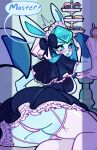 anthro big_butt blue_bow blue_clothing blue_dress blue_eyes blue_nose blue_sclera blush blush_lines bodily_fluids breasts butt clamlynn clothed clothing dialogue dipstick_tail dress eeveelution eyelashes female generation_4_pokemon glaceon gloves_(marking) hi_res legwear looking_at_viewer looking_back looking_back_at_viewer maid_headdress maid_uniform markings nintendo open_mouth panties pokemon pokemon_(species) purple_clothing purple_legwear purple_panties purple_stockings purple_underwear solo speech_bubble stockings sweat sweatdrop tail tail_markings text thick_thighs underwear uniform upskirt wide_hips