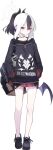  1girl backpack backpack_on_one_shoulder bag black_choker black_hair black_horns black_shirt black_shoes black_sweater blue_archive bright_pupils choker clothes_writing collarbone demon_girl demon_horns demon_wings doremi_(doremi4704) earclip expressionless flat_chest full_body game_asset grey_wings gun h&amp;k_p30 hair_between_eyes half-closed_eyes halo handgun hands_in_pockets heel_up highres holstered hood hood_down hooded_sweater horns kayoko_(blue_archive) large_variant_set legs looking_at_viewer low_wings medium_hair miniskirt mole mole_on_neck multicolored_hair no_socks official_art pale_skin plaid_clothes plaid_skirt pleated_skirt ponytail red_eyes red_skirt shirt shoes simple_background single_wing skirt skirt_peek sneakers solo standing sweater tachi-e thighs third-party_source transparent_background two-tone_hair variant_set weapon white_hair white_halo white_pupils wings zipper zipper_pull_tab 