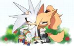  1boy 1girl animal_ears animal_nose artist_name bare_shoulders black_gloves blonde_hair blue_background blush body_fur boots border bracelet breasts brown_fur bush cleavage closed_eyes closed_mouth commentary elbow_gloves eyelashes eyeliner eyeshadow fang fang_out flower fox_boy fox_ears fox_tail furry furry_female furry_male furry_with_furry gloves gold_bracelet grass grey_fur grey_gloves grey_hair grey_pants hair_over_one_eye hair_tie half-closed_eyes hand_on_own_knee hand_up happy hedgehog hetero high_ponytail highres holding_hands jewelry knee_pads leg_up leggings long_hair looking_at_another makeup medium_breasts multicolored_fur neck_fur one_eye_covered open_mouth orange_fur outdoors outside_border pants ponytail r_1807 red_flower red_rose rose shirt shoes silver_the_hedgehog simple_background sitting sleeveless sleeveless_shirt smile sonic_(series) sonic_the_hedgehog_(idw) standing strapless tail teeth thigh_boots two-tone_fur whisper_the_wolf white_background white_border white_fur white_gloves white_shirt wolf_ears wolf_girl wolf_tail yellow_fur 