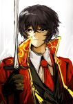  1boy bags_under_eyes black_eyes black_gloves black_hair black_jacket blazer business_suit closed_mouth coat collared_coat collared_shirt expressionless gloves hair_between_eyes high_collar highres holding holding_sword holding_weapon jacket katana light_frown limbus_company liu_association_south_uniform long_sleeves looking_to_the_side male_focus messy_hair necktie otogisum3 project_moon red_coat red_necktie shirt short_hair simple_background solo suit sword upper_body v-neck weapon white_background white_shirt yi_sang_(project_moon) 