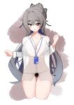  1girl absurdres black_panties bra_visible_through_clothes breasts bronya_zaychik bronya_zaychik_(silverwing:_n-ex) cleavage commentary_request dr3amoon grey_eyes grey_hair highres honkai_(series) honkai_impact_3rd korean_commentary large_breasts long_hair looking_at_viewer panties see-through_clothes see-through_shirt shirt simple_background solo thighs underwear very_long_hair white_shirt 