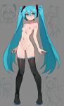  1girl absurdres aqua_eyes aqua_hair aqua_nails breasts geerux hatsune_miku headphones headset highres long_hair medium_breasts nipples nude number_tattoo pussy solo tattoo twintails vocaloid 