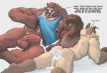 5_fingers after_anal after_sex anthro areola arm_hair backsack balls bear beard belly_hair big_balls big_muscles big_penis biped black_nose blue_clothing blue_shirt blue_tank_top blue_topwear blush bodily_fluids body_hair bottomless bottomless_anthro bottomless_male breath brown_body brown_countershading brown_ears brown_feet brown_fur brown_hands brown_nose brown_tail butt calf_muscles chest_hair closed_smile clothed clothed_anthro clothed_male clothing countershade_face countershading cum cum_from_ass cum_in_ass cum_inside cum_on_balls cum_on_butt cum_on_ground cum_on_leg cum_on_own_leg cum_on_partner's_butt cum_on_self dialogue digital_media_(artwork) dullaram duo english_text excessive_cum excessive_genital_fluids eyebrows eyewear facial_hair feet felid fingers foreskin fur genital_fluids genitals glans glasses gloves_(marking) hairy happy_trail hi_res humanoid_genitalia humanoid_hands humanoid_penis interspecies leg_markings looking_back_at_self lying male male/male male_anthro mammal markings mature_anthro mature_male monotone_background mouth_closed multicolored_body multicolored_fur muscular muscular_anthro muscular_arms muscular_male muscular_thighs mustache nipples nude nude_anthro nude_male oliver_(dullaram) on_front on_side open_mouth open_smile panting partially_retracted_foreskin pecs penis pince-nez pink_areola pink_glans pink_nipples pink_penis pink_tongue profanity quads raised_tail shaded shirt shoulder_hair simple_background smile smiling_at_another smiling_at_partner socks_(marking) speech_bubble sweat tail talking_to_another tan_body tan_eyebrows tan_fur tank_top teeth text thought_bubble tongue tongue_out topwear two_tone_body two_tone_fur vein veiny_penis wearing_glasses white_background white_beard white_eyebrows white_facial_hair white_mustache