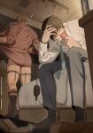  2boys arm_hair bara bedroom beer_can black_socks blue_necktie bottomless brown_hair can commentary covered_eyes diagonal-striped_clothes diagonal-striped_necktie doodlefish dressing drink_can english_commentary grey_pants grey_socks hair_over_eyes hand_on_own_head heavy_breathing highres holding_blister_pack implied_after_sex implied_yaoi instagram_username leg_hair legwear_garter light_blush long_shirt male_focus multiple_boys muscular muscular_male musical_note necktie on_bed open_clothes open_shirt open_wallet original pants parted_lips partially_unbuttoned red_shirt shiny_skin shirt shoes sitting skindentation sleeves_rolled_up socks spoken_musical_note standing striped_clothes striped_necktie suit_pants sweat thick_thighs thighs twitter_username undone_garter undone_necktie unworn_collar unworn_shoes wallet white_shirt 