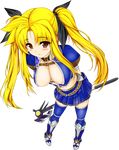  areola_slip areolae asuru_(armor) bardiche blonde_hair blush breasts cleavage colorized cosplay downblouse fate_testarossa full_body highres large_breasts long_hair lyrical_nanoha mahou_shoujo_lyrical_nanoha_strikers midriff monster_hunter navel red_eyes ribbon solo standing thighhighs transparent_background twintails uni8 very_long_hair 
