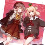  2girls animal_ears beret blonde_hair bone_hair_ornament bow bowtie brown_bow brown_bowtie brown_capelet brown_cardigan brown_eyes brown_hair capelet cardigan character_name collar commentary_request crossed_bangs dog_ears dog_girl dog_tail double_bun double_v fang frilled_collar frills gradient_hair green_eyes hair_bun hair_ornament half-skirt hat high-waist_skirt hololive inugami_korone inugami_korone_(street) long_hair long_sleeves looking_at_viewer momosuzu_nene momosuzu_nene_(casual) multicolored_hair multiple_girls neckerchief nekko_(momosuzu_nene) nobuyo_ninomiya official_alternate_costume on_head one_eye_closed open_mouth pink_background pink_hair plaid_bow plaid_bowtie plaid_clothes plaid_neckerchief plaid_skirt red_hat red_neckerchief red_skirt sailor_collar shirt sidelocks skirt sleeves_past_fingers sleeves_past_wrists smile socks standing standing_on_one_leg tail two_side_up v virtual_youtuber white_sailor_collar white_shirt yellow_bow yellow_bowtie 