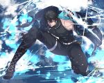  1boy abs black_boots black_hair black_jacket black_pants black_shirt blue_eyes blue_hoodie boots chain cloud commission cryokinesis dog_tags dynamic_pose fighting_stance fingerless_gloves gloves gold_chain grin hood hoodie ice indie_virtual_youtuber jacket jae_(vtuber) jewelry large_pectorals magic male_focus manly motion_lines muscular muscular_male necklace nipples open_clothes open_jacket pants pectoral_cleavage pectorals shirt short_hair sky sleeveless sleeveless_shirt smile solo sparks virtual_youtuber water 