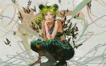  arm_tattoo blue_eyes bug butterfly butterfly_tattoo chinese_commentary commentary_request crop_top double_bun fingernails green_hair green_lips green_nails green_pants hair_bun halterneck hand_on_own_chin head_rest highres jojo_no_kimyou_na_bouken kujo_jolyne looking_at_viewer multicolored_hair muyihui pants squatting stone_ocean tattoo two-tone_hair wristband 