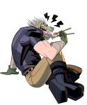 2026 absurd_res animal_head animal_humanoid black_boots black_clothing black_footwear black_shirt black_topwear bodily_fluids boots bottomwear chopsticks clothing digital_media_(artwork) dorohedoro footwear for_a_head galanartworks gloves green_body green_clothing green_gloves green_handwear green_scales gyoza handwear head_spikes hi_res humanoid kaiman_(dorohedoro) lizard_humanoid male pants reptile reptile_humanoid saliva scales scalie scalie_humanoid shirt shoes simple_background sitting solo spikes spikes_(anatomy) tan_bottomwear tan_clothing tan_pants tongue tongue_out topwear white_background