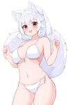  1girl :3 animal_ear_fluff animal_ears arms_up bikini blush breasts cleavage collarbone commentary_request cowboy_shot crossed_bangs fang hair_intakes inubashiri_momiji large_breasts looking_at_viewer midriff navel open_mouth red_eyes rururiaru short_hair simple_background smile solo swimsuit tail touhou white_background white_bikini white_hair wolf_ears wolf_girl wolf_tail 