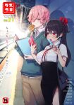  1boy 1girl bag black_skirt book cellphone commentary_request food highres holding holding_phone ice_cream long_hair manaka-chan phone pink_hair red_eyes red_ribbon ribbon shimobaru shirt skirt smartphone standing sweater tokyo_black_box train_station white_shirt 