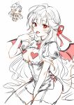  1boy 1girl alternate_costume bat_wings between_legs black_dress blush bow breast_cutouts breasts chibi chibi_inset chinese_commentary cleavage closed_mouth clothing_cutout commentary_request demon_wings dress finger_to_mouth garter_straps genderswap genderswap_(mtf) grandmaster_of_demonic_cultivation hair_between_eyes hair_down hair_ribbon half_updo hand_between_own_legs hand_up heart_pasties highres hxhx912872 lan_wangji licking licking_finger long_hair looking_at_viewer medium_breasts miniskirt monochrome official_alternate_hairstyle open_mouth parted_bangs pasties puffy_short_sleeves puffy_sleeves red_bow red_eyes red_ribbon red_wings revealing_clothes ribbon short_sleeves sidelocks simple_background sitting sketch skirt smile solo_focus spot_color thighhighs tongue tongue_out very_long_hair wei_wuxian wei_wuxian_(yiling_laozu) white_background wings yellow_eyes 