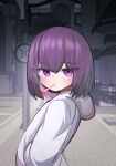  1girl arched_back cigarette city commentary_request from_side grey_hoodie hands_in_pockets hh highres hood hood_down hoodie looking_at_viewer mouth_hold original outdoors purple_eyes purple_hair road road_sign short_hair sidewalk sign smoke smoking solo street upper_body 