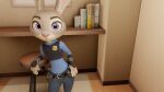 16:9 anthro arm_support badge belt blue_clothing book clothed clothing deltawing123_(modeler) disney electronics female female_anthro fur furniture grey_body grey_ears grey_fur hi_res incinereight_(artist) inside judy_hopps lagomorph leaning leaning_on_elbow leporid long_ears looking_at_viewer looking_up mammal paws pink_nose police police_uniform pose purple_eyes rabbit radio shelf solo standing tail uniform wide_eyed widescreen zootopia