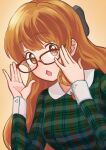  1girl :o absurdres adjusting_eyewear bow brown-framed_eyewear brown_eyes brown_hair chankirankachan commentary_request green_shirt hair_bow hands_up highres idolmaster idolmaster_cinderella_girls long_hair looking_at_viewer moroboshi_kirari plaid_clothes plaid_shirt shirt upper_body 