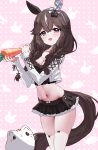  1girl absurdres animal_ears black_camisole black_skirt braid brown_eyes brown_hair brown_tail camisole cardigan carrot commentary_request crop_top cropped_cardigan curren_bouquetd'or_(umamusume) highres holding holding_carrot horse_ears horse_girl horse_tail long_sleeves looking_at_viewer low_twin_braids midriff miniskirt mismatched_ear_covers navel open_cardigan open_clothes skindentation skirt smile stomach tail tandohark thighhighs thighs twin_braids umamusume white_cardigan white_thighhighs zettai_ryouiki 