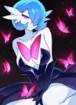  1girl alternate_color arms_between_legs black_dress black_gloves blue_hair breasts bug butterfly chunniwa cleavage closed_mouth collarbone colored_skin commentary commission dark_background dress earrings elbow_gloves english_commentary gardevoir gloves hair_over_one_eye highres jewelry large_breasts looking_at_viewer mole mole_under_eye pink_butterfly pink_eyes plunging_neckline pokemon pokemon_(creature) shiny_pokemon short_hair sitting slit_pupils solo strapless strapless_dress white_skin 