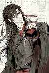  1boy ahoge alcohol bishounen black_coat black_hair black_hanfu chinese_clothes coat commentary_request grandmaster_of_demonic_cultivation hair_down hair_ribbon half_updo hanfu highres holding holding_jug joohaimma jug_(bottle) korean_commentary liquor long_hair long_sleeves looking_at_viewer male_focus official_alternate_costume official_alternate_hairstyle open_clothes open_coat parted_lips red_eyes red_ribbon red_sash ribbon robe sash sidelocks smile solo tassel twitter_username upper_body wei_wuxian wei_wuxian_(yiling_laozu) wide_sleeves 
