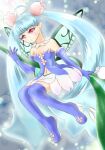  1girl ahoge blue_boots blue_gloves blue_hair blue_shirt boots commentary_request ecogorro560 elbow_gloves emil_chronicle_online fairy_wings floral_background flower gloves green_wings hair_flower hair_ornament navel open_mouth pink_eyes pointy_ears shirt shugoma_satsuki skirt solo strapless strapless_shirt thigh_boots twintails white_skirt wings 