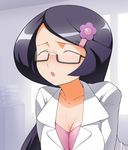  :o blush book breasts cleavage closed_eyes flower glasses hair_ornament hairclip jouwan labcoat long_hair makomo_(pokemon) medium_breasts pokemon pokemon_(game) pokemon_bw purple_hair semi-rimless_eyewear solo under-rim_eyewear upper_body 