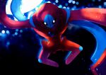  absurdres black_background black_eyes blurry blurry_background commentary_request deoxys deoxys_(defense) highres looking_at_viewer omega_takai pokemon pokemon_(creature) pokemon_focus solo spread_legs tentacles 