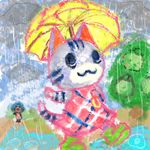  911_(artist) :3 animal_crossing bare_shoulders blue_eyes blue_fur blue_stripes cat countershade_face countershading cute detailed_background digital_media_(artwork) duo feline female fur grey_fur kemono lolly_(animal_crossing) looking_up mammal mouth_closed nintendo outside puddle raining semi-anthro skinny_tail solo_focus striped_fur stripes tabby umbrella video_games white_countershading white_fur 
