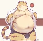  &lt;3 anthro blush boxers_(clothing) bulge clothing feline fur male mammal navel overweight simple_background solo tiger underwear undressing 犬酱 