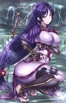  armor black_gloves blush bodysuit breasts cleavage eyebrows_visible_through_hair fate/grand_order fate_(series) fingerless_gloves gloves highres large_breasts long_hair looking_at_viewer low-tied_long_hair minamoto_no_raikou_(fate/grand_order) parted_lips purple_bodysuit purple_eyes purple_hair sandals smile solo squatting sword taka-kun very_long_hair weapon 