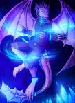  2013 5_fingers anthro blue_eyes clothed clothing digitigrade dragon horn male membranous_wings neotheta simple_background smile solo wings 
