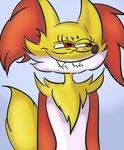  2017 anthro black_nose blue_background blush canine delphox digital_media_(artwork) e-01 fangs female fur half-closed_eyes humor inner_ear_fluff mammal meme nintendo pok&eacute;mon reaction_image red_eyes simple_background smile solo video_games white_fur yellow_fur 