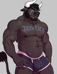  2017 abs anthro black_fur black_hair blinkblinkblink bovine boxers_(clothing) bulge clothing facial_tattoo fur hair horn knuxlight male mammal musclegut muscular nipples pecs sobek_harken solo tattoo underwear wet 